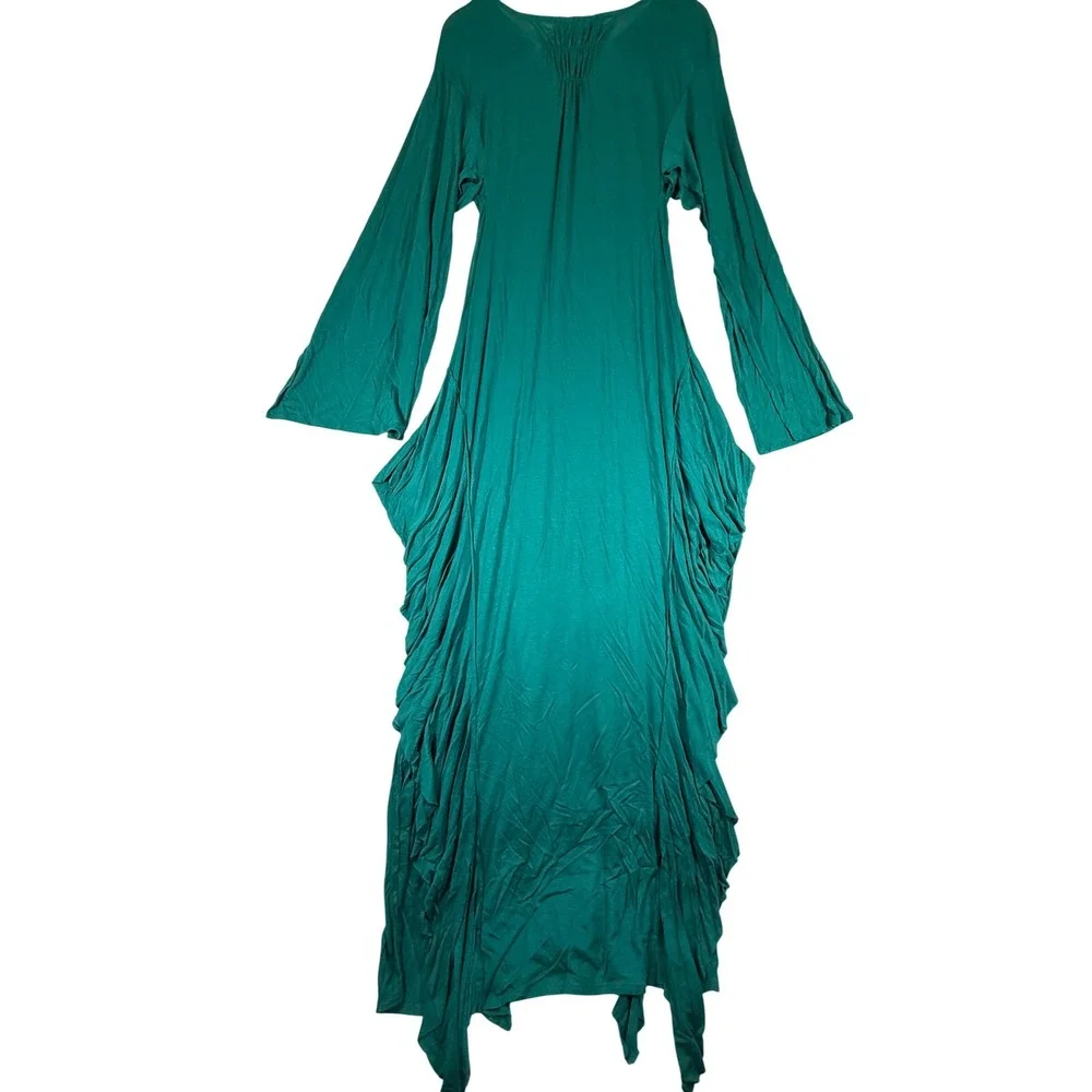 FP Beach Free People Teal Green Smocked Waist High-Low Maxi Dress XS Long Sleeve